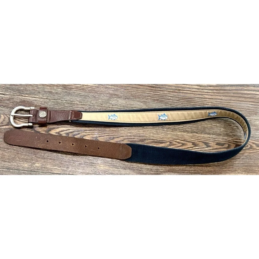 SOUTHERN TIDE Men’s “Skipjack” Ribbon Belt - Sandstone Khaki & Leather - Sz 34W
